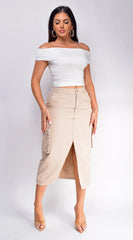 Sydney Denim Cargo Midi Skirt - Beige