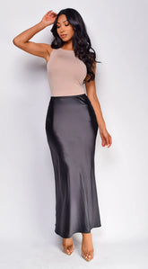 Ophelia Satin Slip Midi Skirt - Black