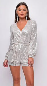 Tempo Silver Sequin Long Sleeve Belted Romper