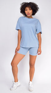 Oversized Blue T-Shirt And Biker Short Two Piece Set