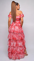 Lavera Red Tie Dye Ruffle Side Slit Maxi Dress