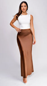 Ophelia Satin Slip Midi Skirt - Brown