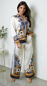 Georgina Floral Print Satin Set - Cream
