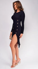 Sophina Black Long Sleeve Ribbed Side Slit Midi Dress