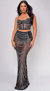 Delanie Black Rhinestone Mesh Skirt Set