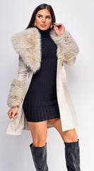 Roma Cream Beige PU Leather Faux Fur Coat