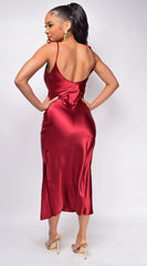 Lavinia Burgundy Red Satin Midi Dress
