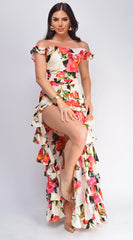 Eivissa Floral Off Shoulder Ruffle Tier Maxi Dress - Ivory