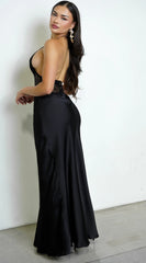 Ravena Lace Satin Detail Halter Maxi Dress - Black