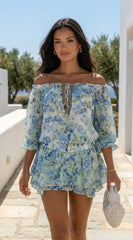 Cyrene Floral Off-Shoulder Mini Dress - Blue Green Multi