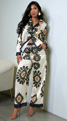 Vivaan Floral Print Satin Set - Cream