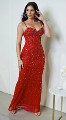Barletta Rhinestone Multi Gem Studded Maxi Dress - Red