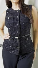 Ardelle Belted Sequin Tweed Top - Black