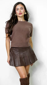 Vex Faux Leather Pleated Mini Skirt - Brown