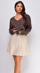 Remy V Neck Drop Shoulder Sweater Top - Brown