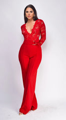 Milani Long Sleeve Lace Crochet Jumpsuit - Red