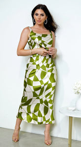Addison Geo Print Satin Skirt Set - Green
