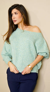 Zaylani Off Shoulder Knit Sweater Top - Mint