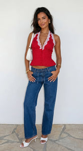 Ventura Drawstring Wide Leg Denim Pants - Blue