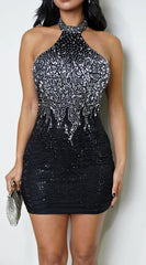 Aeliana High Neck Rhinestone Mini Dress - Black