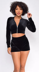 Tempted to Touch Black Velour Crop Hoodie Shorts Set