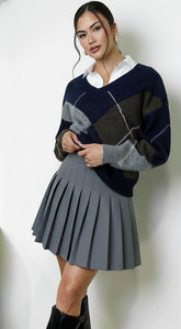 Noxley Argyle V Neck Long Sleeve Sweater - Navy