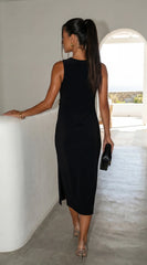 Aureva Pleated Gold Accent Midi Dress - Black