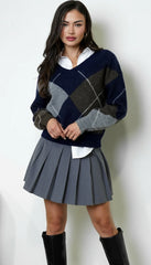 Noxley Argyle V Neck Long Sleeve Sweater - Navy