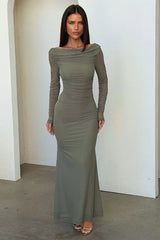 Rowan Long Sleeve Mesh Maxi Dress - Khaki