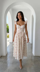 Florienne Floral Corset Flutter Midi Dress - Ivory