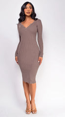 Aura Button Ribbed Midi Dress - Beige