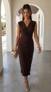 Seralya V Neck Surplice Pleated Midi Dress - Brown