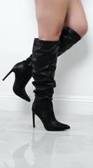 Valeria Faux Leather Ruched Knee High Boots - Black