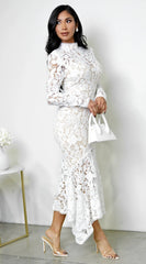 Ishani Mock Neck Lace Midi Dress - White