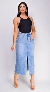 Frances High Rise Denim Midi Skirt - Blue