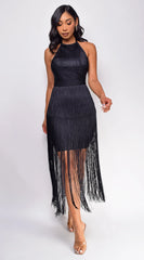 Seilynn Black Halter Fringe Mini Dress