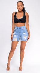Leva Blue Distressed High Waist Denim Shorts