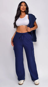 Mina French Terry Straight Cargo Pocket Joggers - Navy