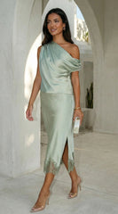 Alessara Satin Lace Off Shoulder Set - Sage Green