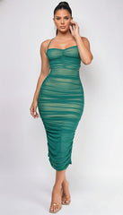 Keilana Mesh Ruched Midi Dress - Green