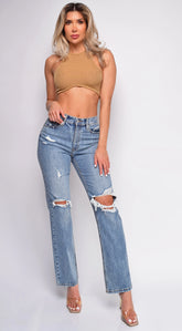 Sonya Blue High Rise Straight Leg Ripped Jeans