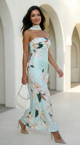 Elysira Reverse Halter Floral Satin Maxi Dress - Mint Blue