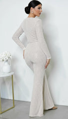 Elektra V Neck Pearl Sequin Jumpsuit - Cream