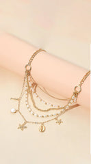Starfish Shell Pearl Metal Ball Layered Necklace - Gold