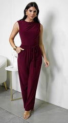 Shera Mock Neck Sleeveless Wide Leg Jumpsuit - Burgundy