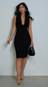 Nilly Cowl Neck Ribbed Midi Dress - Black