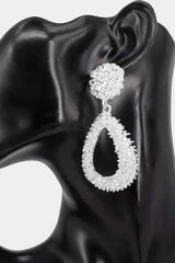 Silver Textured Open Teardrop Dangle Earrings
