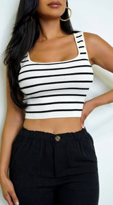 Estelle Striped Ribbed Crop Tank Top - White