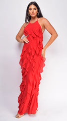 Erma Halter Ruffle Maxi Dress - Red