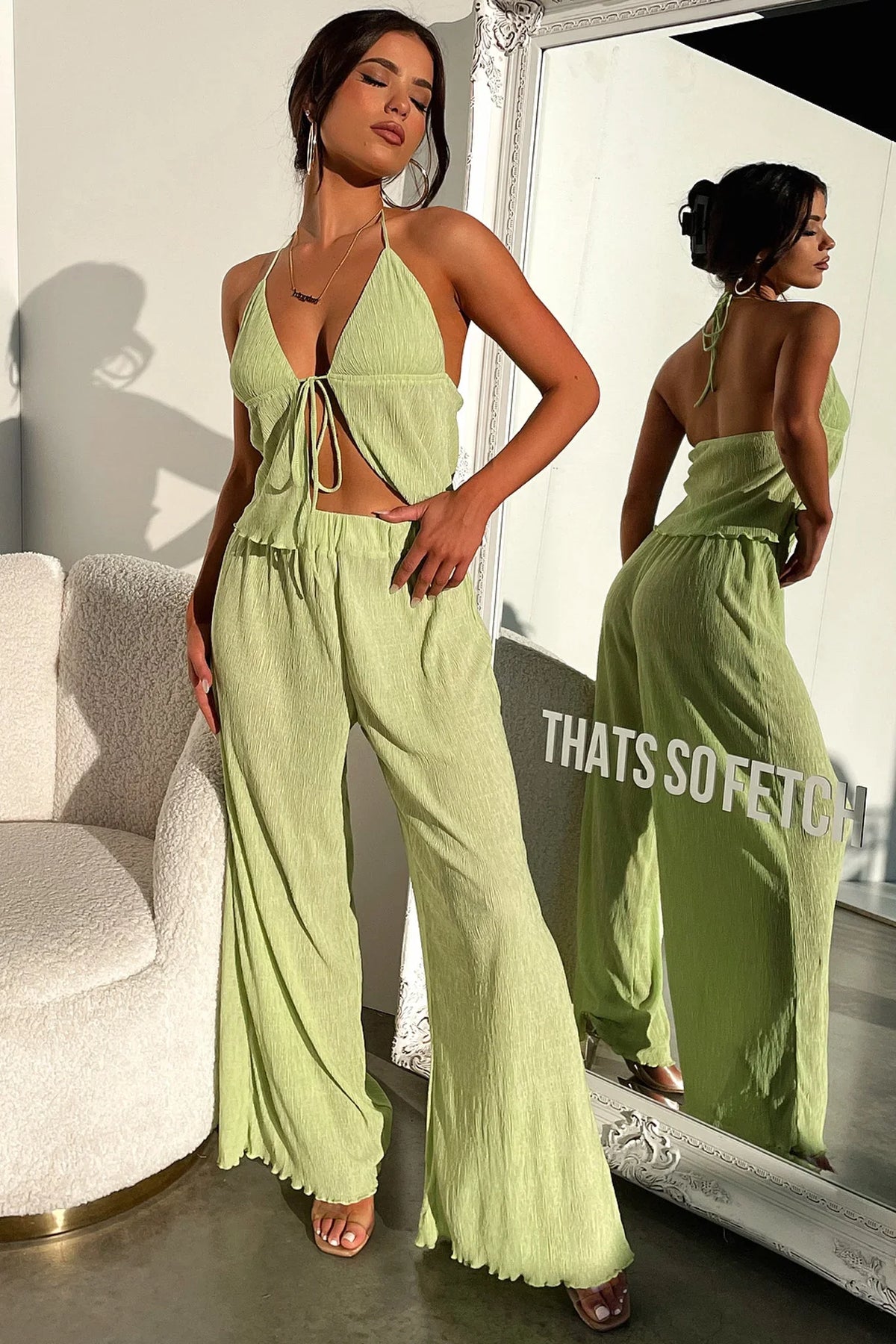 Prisha Wide Leg Plisse Pants - Green